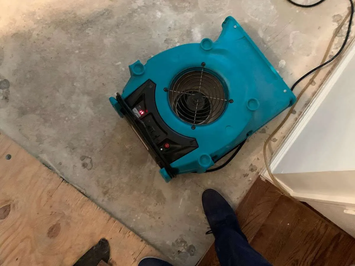 Air mover drying subfloor during Leak Detection & Repair in Orangeburg